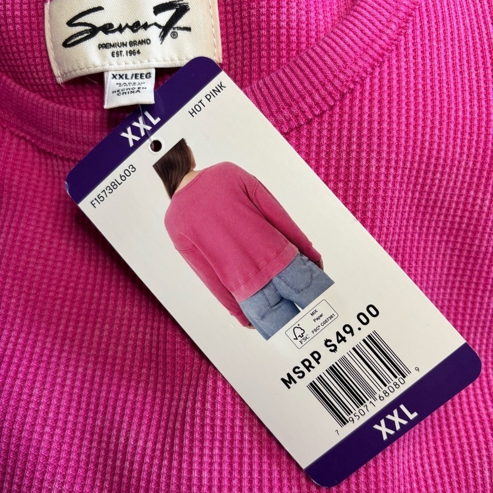 SEVEN 7 Women Plus Waffle Crewneck/Stonewashed Mottled Dye/Thumb Holes/Hot Pink - Picture 3 of 7